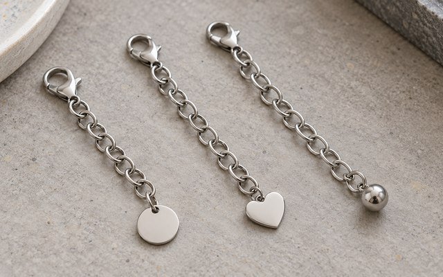 AI-generated editorial illustration: three steel bracelet extension chain ends with terminal charms