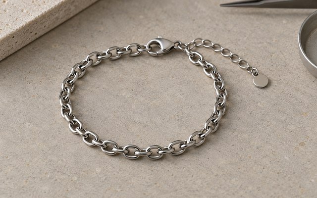 AI-generated editorial illustration: steel bracelet with lobster clasp and short extension chain arranged flat
