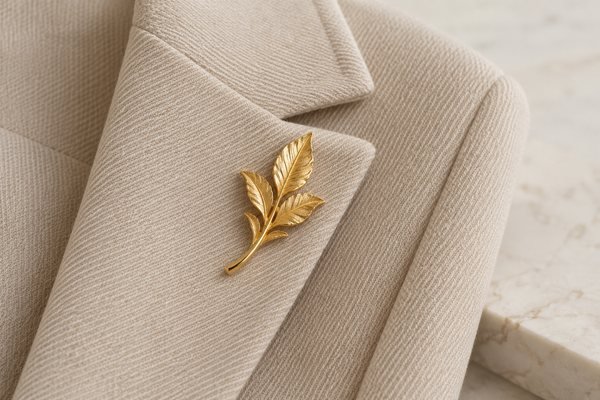 Illustrative Leaf brooch attached to beige jacket fabric
