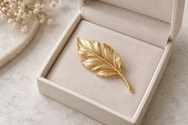 Illustrative Leaf brooch in a presentation box