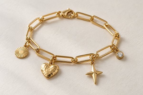 gold stainless steel paperclip charm bracelets: macro charm jump ring attached to paperclip link