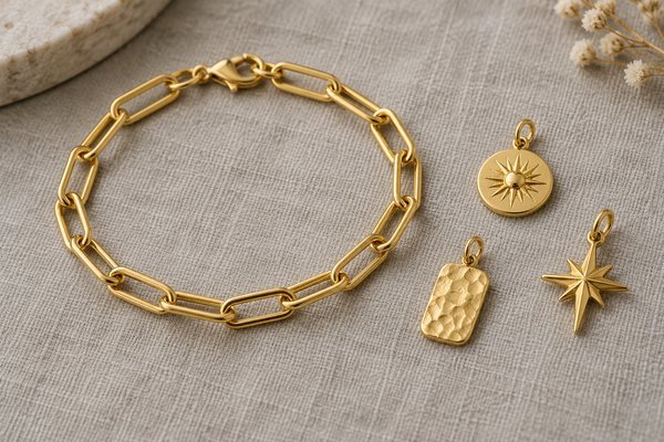 gold stainless steel paperclip charm bracelets: three separate charms with attachment loops