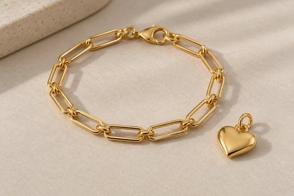 gold stainless steel paperclip charm bracelets: paperclip bracelet and detached heart charm