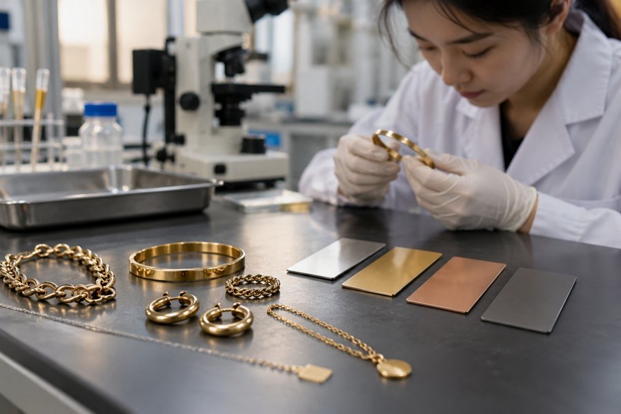 Coated jewelry and reference coupons in an illustrative laboratory scene