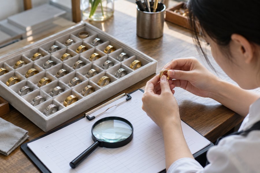Illustration: Gold and silver tone stainless steel rings in numbered sample tray with blank record sheet and magnifier