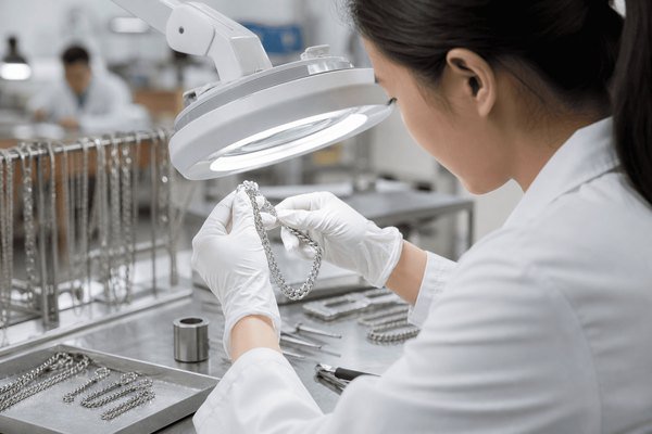 a factory worker inspecting a stainless steel necklace