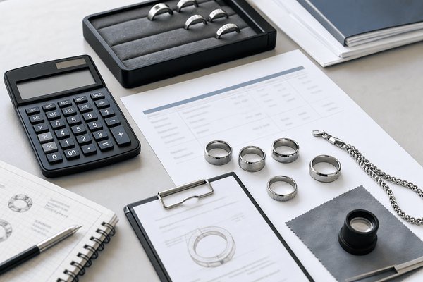 a calculator next to a pile of stainless steel rings