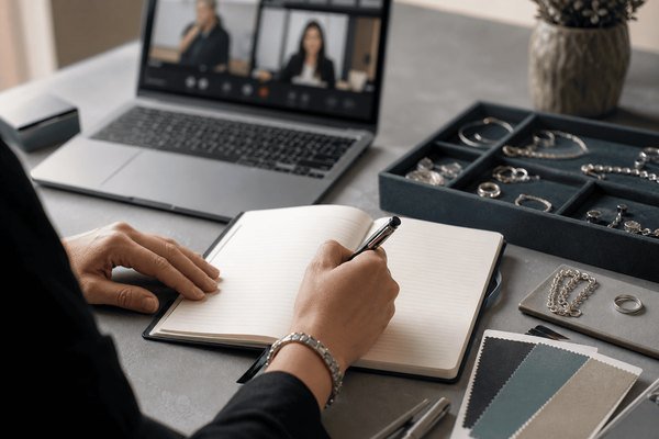 a person writing questions on a notepad in front of a laptop