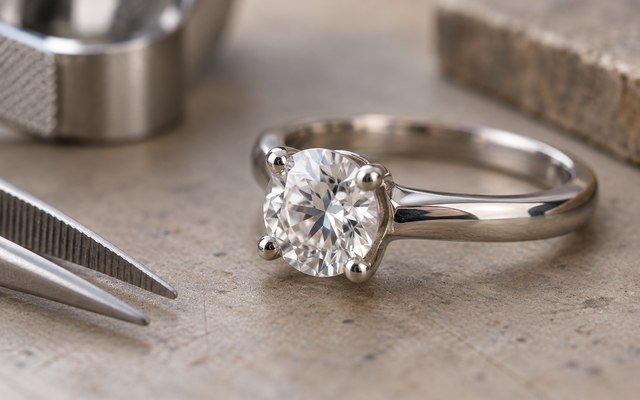 AI-generated editorial illustration: macro of realistic four-prong setting around a clear cubic zirconia