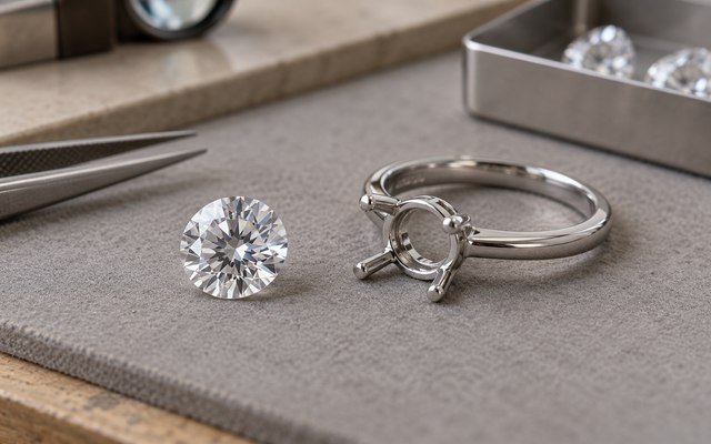 AI-generated editorial illustration: loose clear cubic zirconia and empty steel ring setting on gray pad