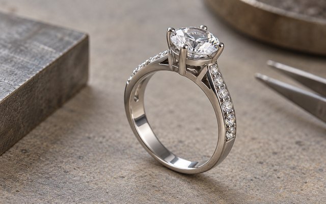 AI-generated editorial illustration: steel zirconia ring tilted to reveal setting profile