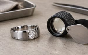 AI-generated editorial illustration: steel ring with clear cubic zirconia beside jeweler loupe