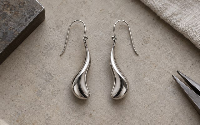 AI-generated editorial illustration: symmetrical pair of curved steel drop earrings in overhead view