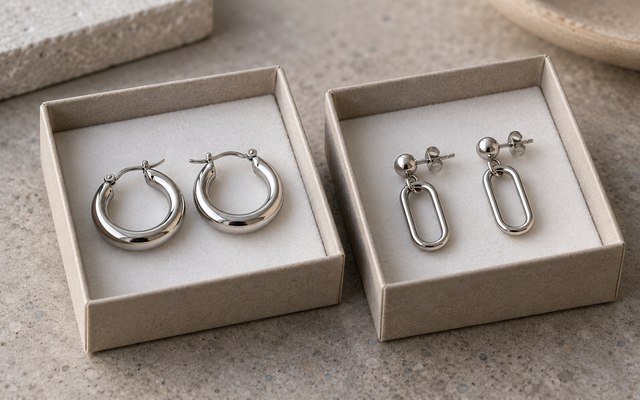 AI-generated editorial illustration: two paired steel earrings in separate plain packing compartments