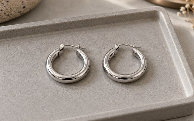 AI-generated editorial illustration: matched steel earrings arranged side by side on neutral tray
