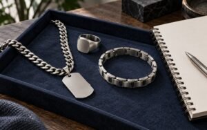 Men's stainless steel chain, dog tag pendant, signet ring and bracelet
