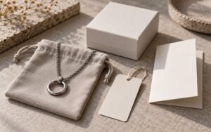 Necklace, blank product tag, information card and protective packaging