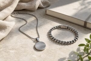 Illustrative scene: A complete stainless steel pendant necklace and a simple bracelet arranged beside a soft cloth and an unprinted observation notebook in natural morning light.