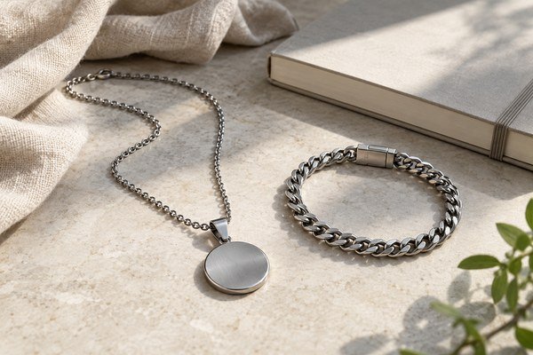 Illustrative scene: A complete stainless steel pendant necklace and a simple bracelet arranged beside a soft cloth and an unprinted observation notebook in natural morning light.
