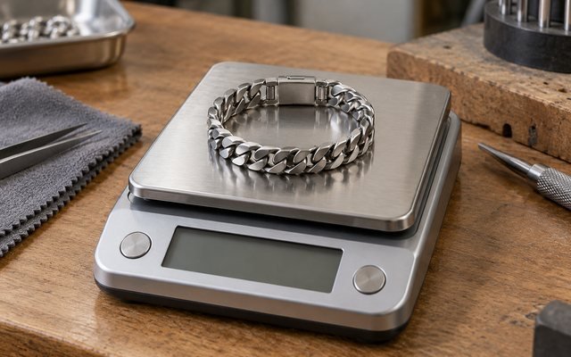 Editorial illustration: A plain stainless steel bracelet resting on a compact precision balance with a blank display, natural workbench