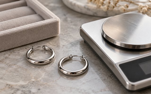 Jewelry samples beside a weighing scale