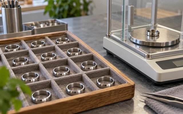 Organized ring sample tray beside measurement equipment