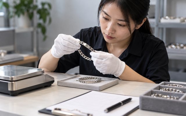 Editorial illustration: A Chinese inspector matching a bracelet with a reference sample and blank weighing record