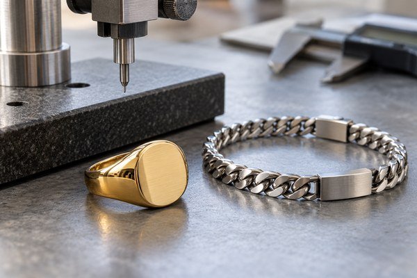 Illustrative scene: A polished gold-tone stainless steel signet ring and plain silver bracelet beside a nonbranded benchtop measurement fixture, natural macro photograph without readable display numbers.