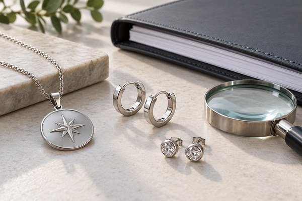 Illustrative scene: Stainless steel pendant and earring samples beside a closed document folder and magnifying glass, paperwork has no readable text or certification marks.