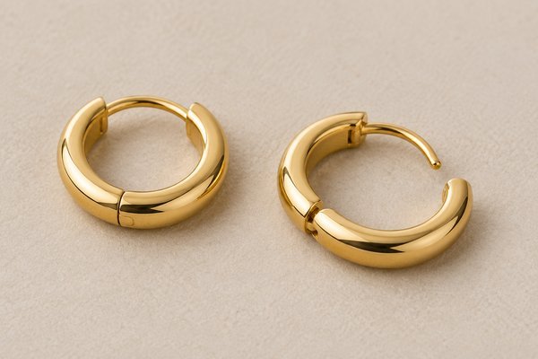 small gold stainless steel huggie hoop earrings: a closed hoop and an open hoop on a neutral inspection pad