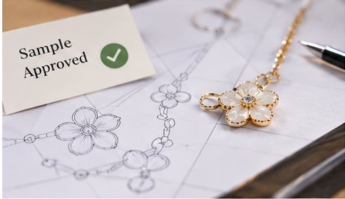 Illustration of a floral pendant sample beside a design drawing