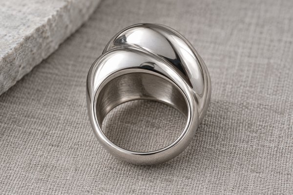 silver stainless steel sculptural dome ring: ring underside close-up with rounded edges