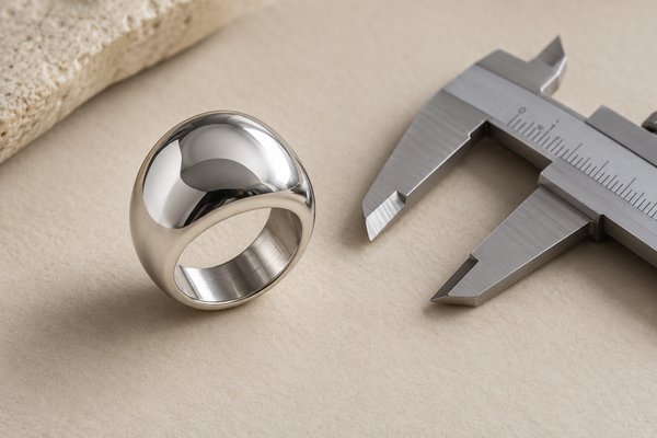 silver stainless steel sculptural dome ring: dome ring on neutral mat with calipers beside it