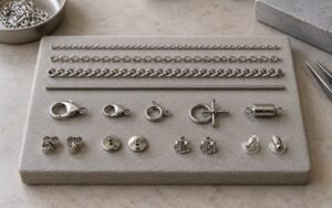 AI-generated editorial illustration: steel chains clasps and earring backs arranged on comparison pad