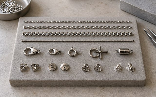 AI-generated editorial illustration: steel chains clasps and earring backs arranged on comparison pad