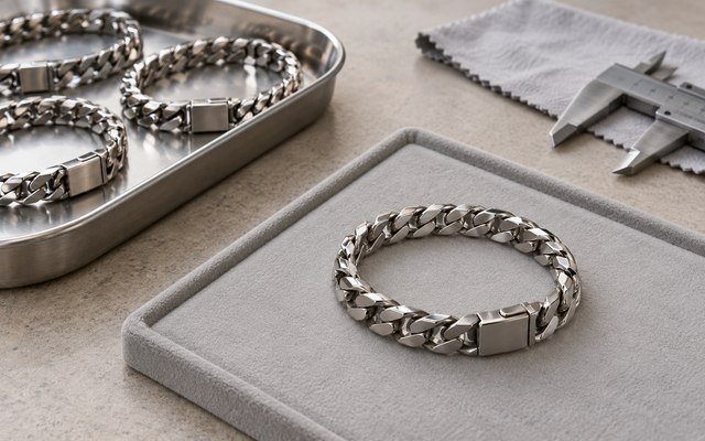 Bracelet and measurement tools on a review tray
