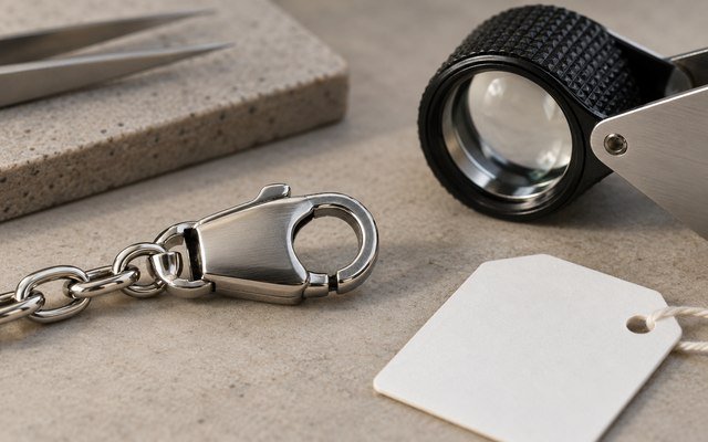 Jewelry clasp beside a loupe and blank record