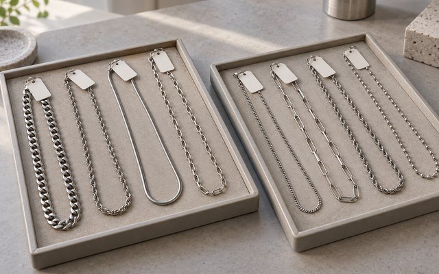 AI-generated editorial illustration: two separate neutral trays of steel necklaces with blank labels