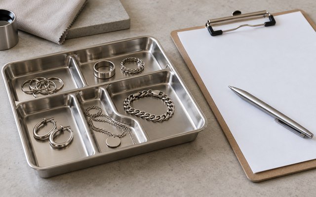 AI-generated editorial illustration: steel jewelry inspection tray beside blank clipboard and pen