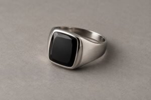 Silver stainless steel signet rings with black stones