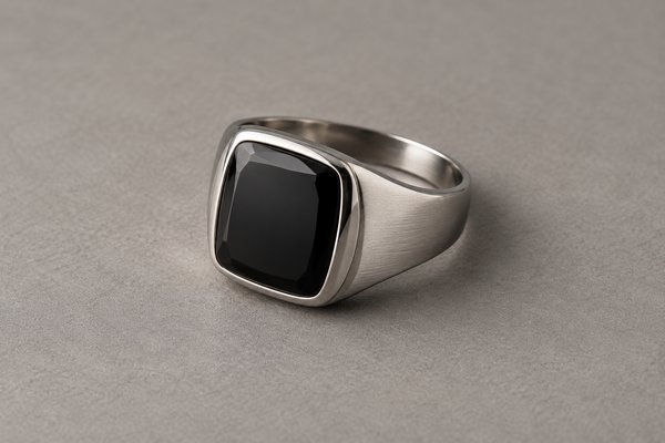 Silver stainless steel signet rings with black stones
