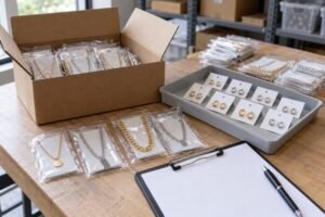Illustrative wholesale jewelry receiving workstation with packed necklaces and paired earrings