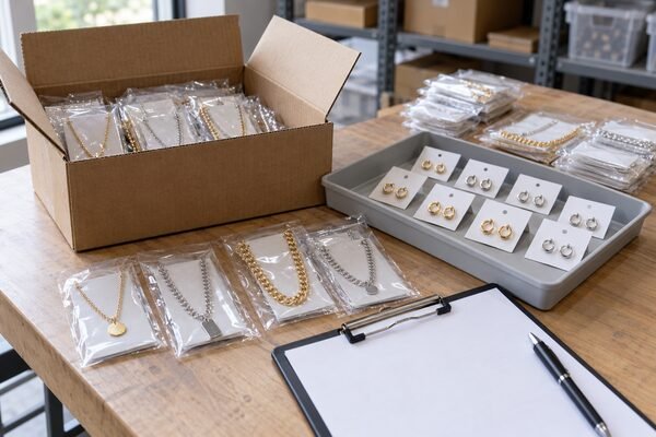 Illustrative wholesale jewelry receiving workstation with packed necklaces and paired earrings