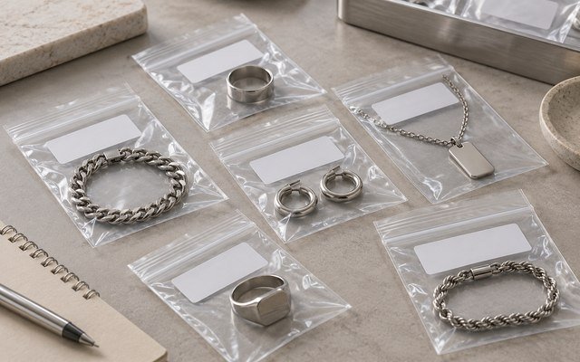 AI-generated editorial illustration: steel jewelry samples in separate clear pouches with blank label cards