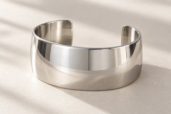 wide stainless steel cuff bangles: mirror polished silver cuff close-up