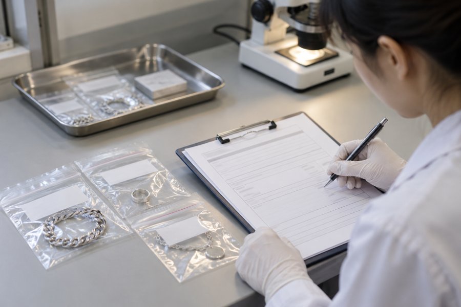 Illustrative review of jewelry samples and a blank record