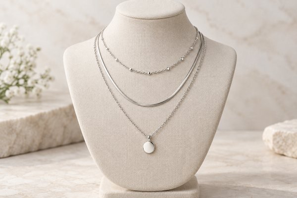 Illustrative Three necklace layers on a display bust