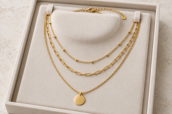 Illustrative Layered necklace arranged in a jewelry insert