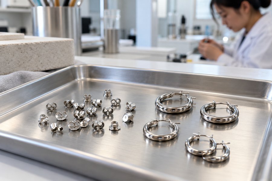 Illustration: Stainless steel earring posts backs and hoop earrings separated on a clean laboratory sample tray