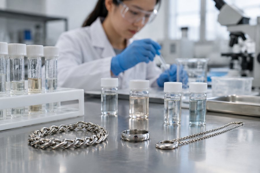 Illustration: Jewelry specimens beside capped extraction vials in a generic laboratory, no results or standards claimed